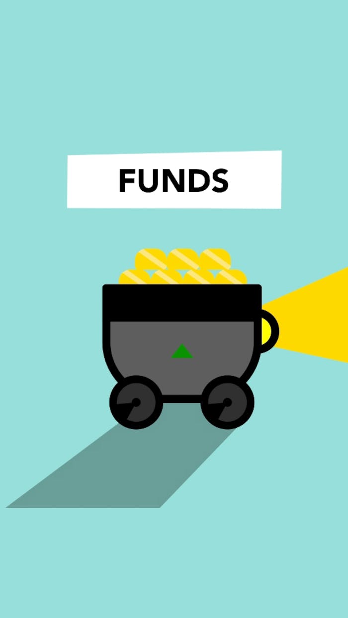 Illustration with cart of pile of gold representing funds concept against blue background